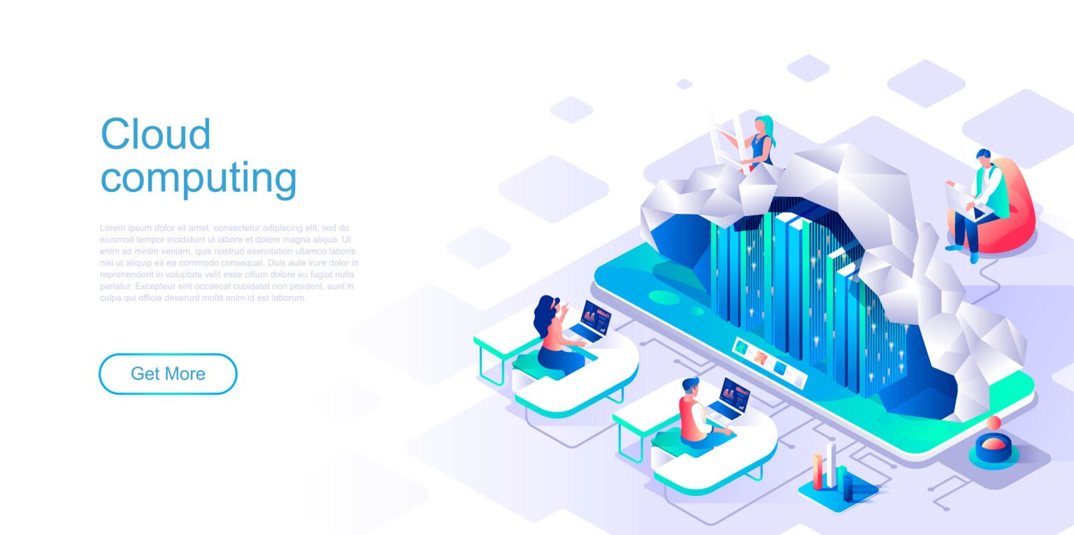 Cloud computing landing page vector template. Data and info storage website header UI layout with isometric illustration. Database server, hosting infrastructure web banner isometry concept